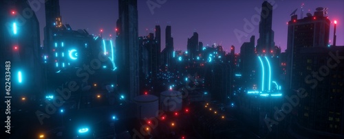 Neon urban future. Industrial zone in a futuristic city. Wallpaper in a cyberpunk style. Aerial view. Grunge cityscape with bright neon lights and huge futuristic buildings. 3D illustration.