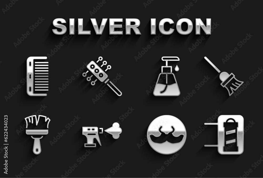 Set Hairdresser pistol spray bottle, Mop, Barber shop pole, Mustache, Shaving brush, Cream cosmetic tube, Hairbrush and icon. Vector Set Hairdresser pistol spray bottle, Mop, Barber shop pole, Mustache, Shaving brush, Cream cosmetic tube, Hairbrush and icon. Vector
