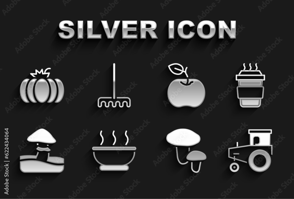 Set Bowl of hot soup, Coffee cup to go, Tractor, Mushroom, Apple, Pumpkin and Garden rake icon. Vector Set Bowl of hot soup, Coffee cup to go, Tractor, Mushroom, Apple, Pumpkin and Garden rake icon. Vector