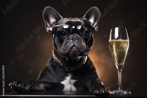 Cute French Bulldog celebrates a Party in a Suit with a glass of Wine, French Bulldog with Sunglasses - Generative Ai © DigitalMuse