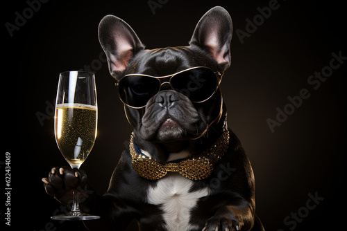 Cute French Bulldog celebrates a Party in a Suit with a glass of Wine, French Bulldog with Sunglasses - Generative Ai © DigitalMuse