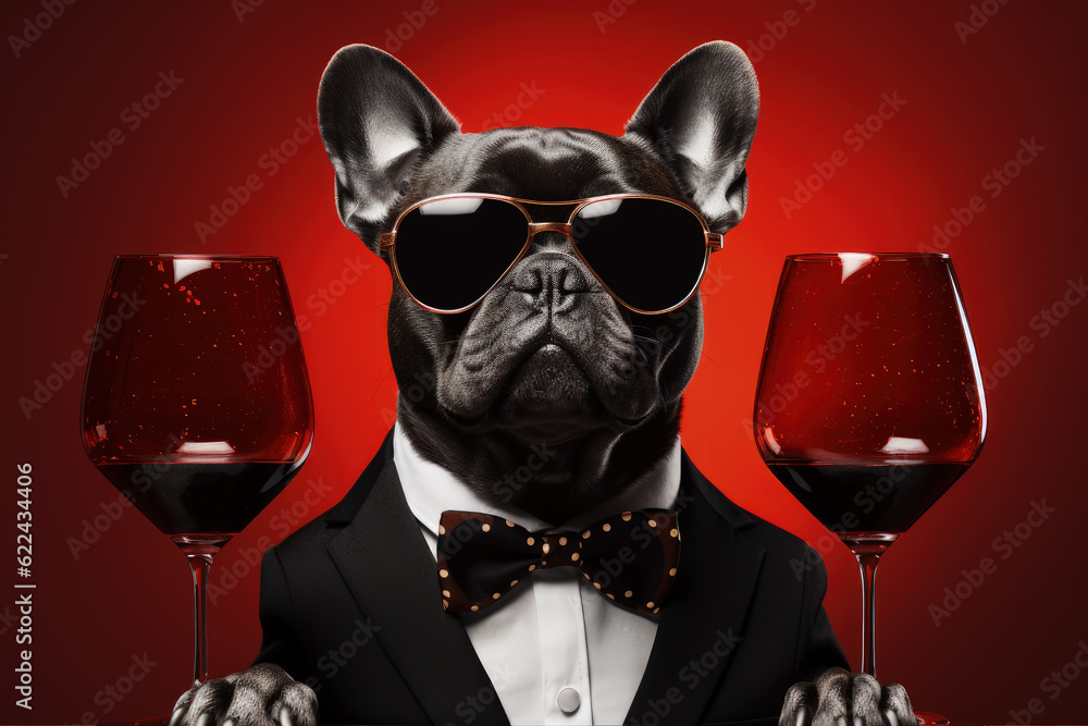 Cute Portrait of a French Bulldog celebrates a Party in a Suit with a