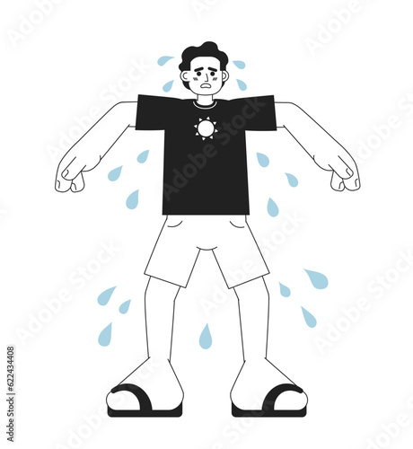 Sweating outdoors in summertime monochrome concept vector spot illustration. Sad man with sweaty armpits 2D flat bw cartoon character for web UI design. Heat isolated editable hand drawn hero image