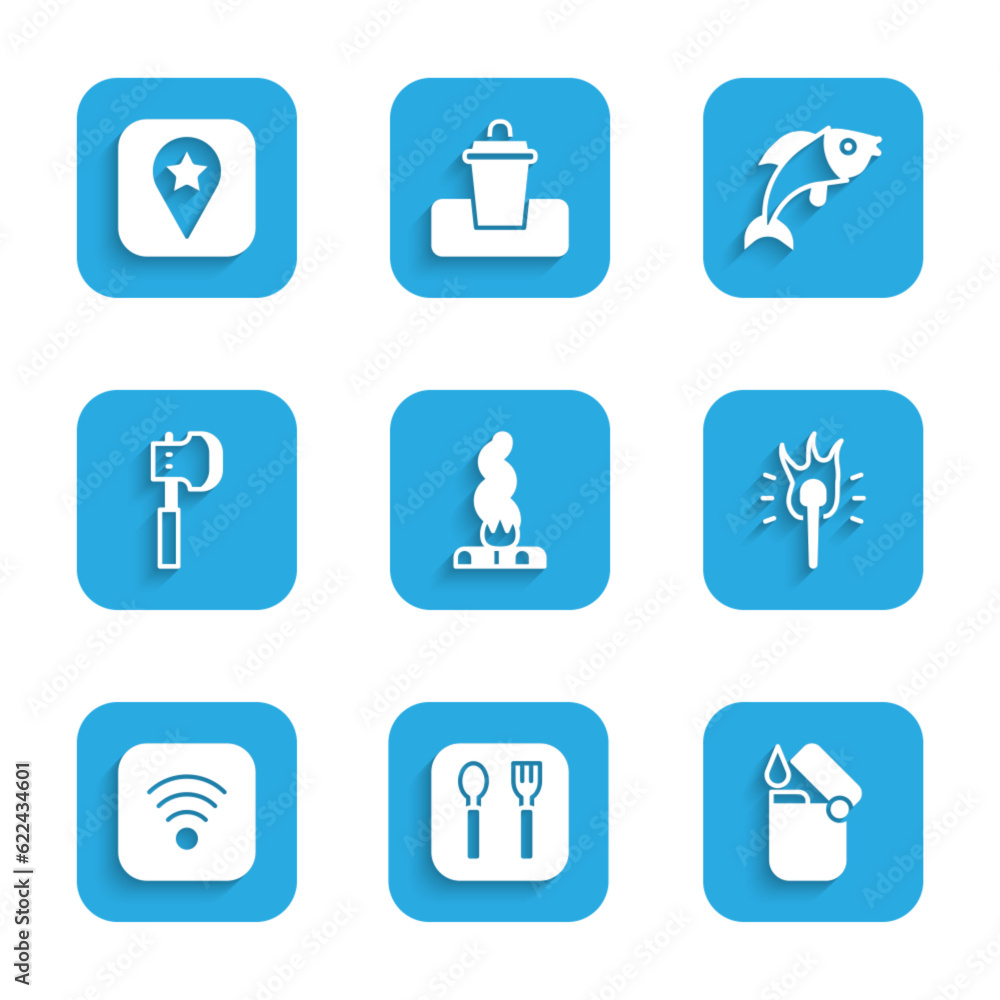 Set Campfire, Fork and spoon, Lighter, Torch flame, Wi-Fi wireless internet, Wooden axe, Fish and Location for camping icon. Vector Set Campfire, Fork and spoon, Lighter, Torch flame, Wi-Fi wireless internet, Wooden axe, Fish and Location for camping icon. Vector