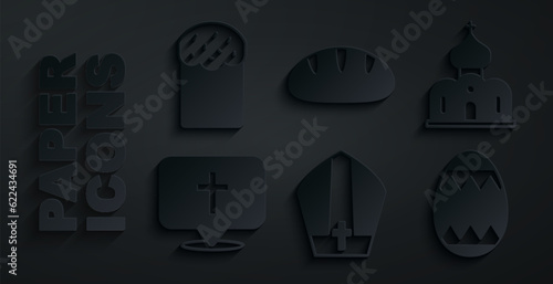 Set Pope hat, Church building, Location church, Easter egg, Christian bread and cake icon. Vector
