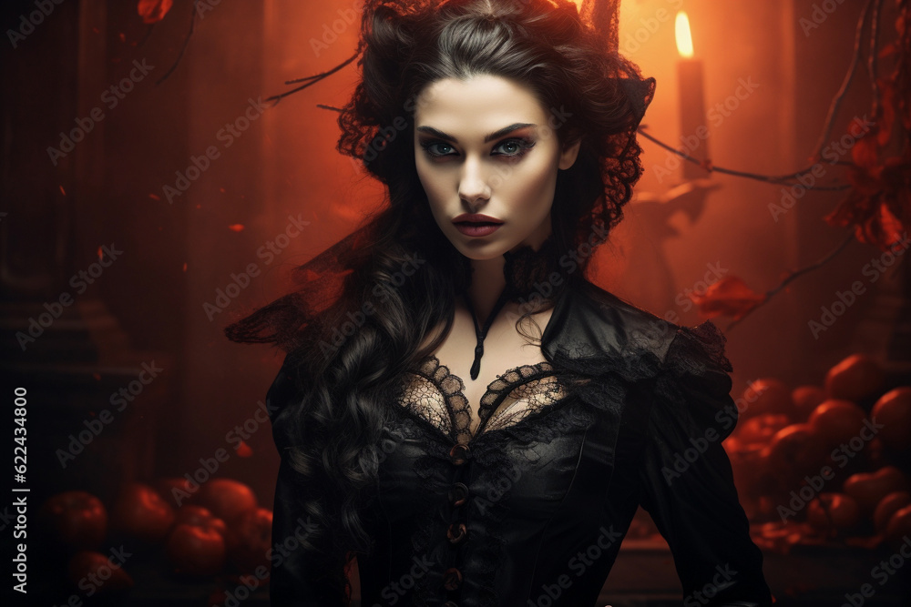 Female vampire costume for Halloween with candles in the background