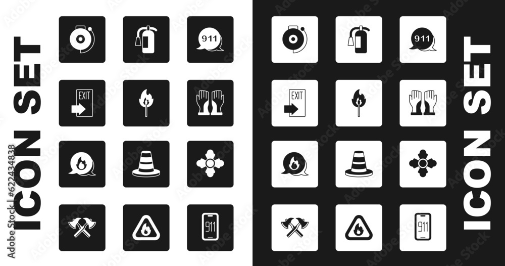 Set Emergency call 911, Burning match with fire, Fire exit, Ringing alarm bell, Firefighter gloves, extinguisher, and icon. Vector Set Emergency call 911, Burning match with fire, Fire exit, Ringing alarm bell, Firefighter gloves, extinguisher, and icon. Vector