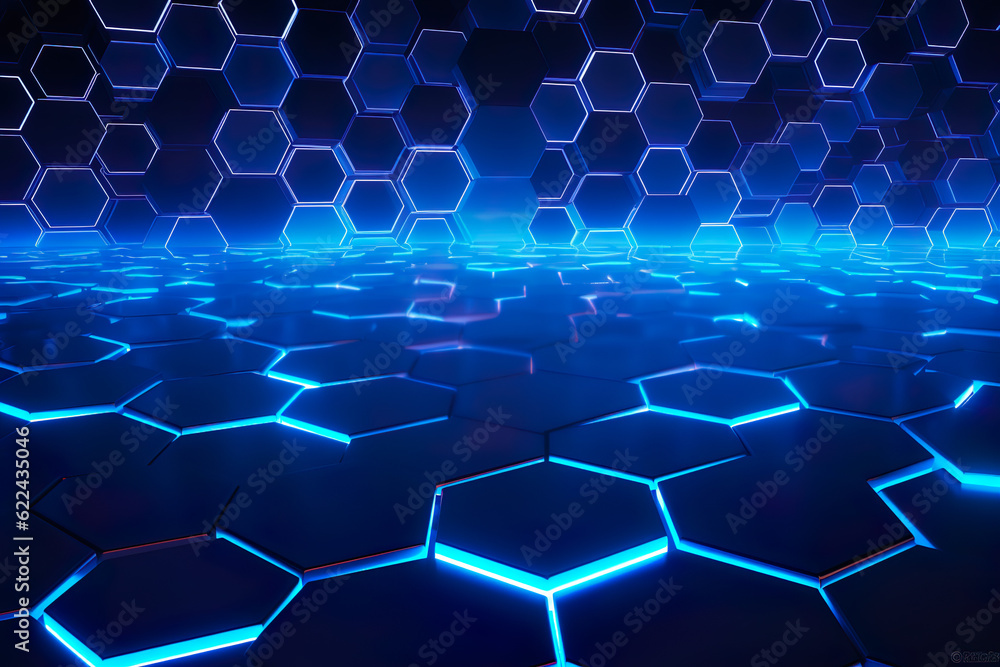 Abstract futuristic digital geometric technology hexagon background banner panorama illustration, seamless pattern - Dark blue glowing hexagonal 3d shape texture | Generative AI Abstract futuristic digital geometric technology hexagon background banner panorama illustration, seamless pattern - Dark blue glowing hexagonal 3d shape texture | Generative AI