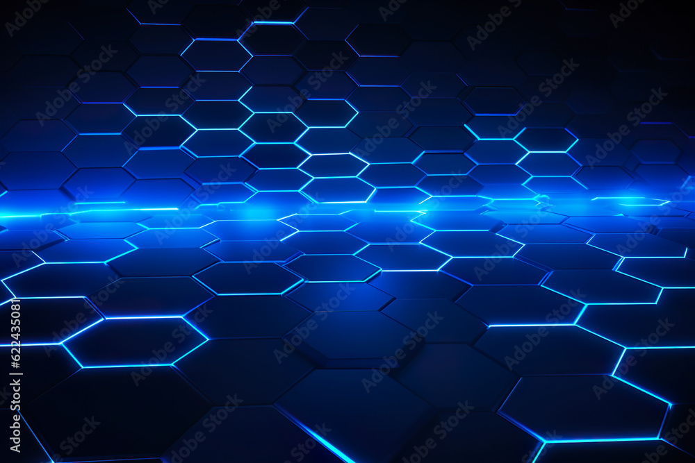 Obraz premium Abstract futuristic digital geometric technology hexagon background banner panorama illustration, seamless pattern - Dark blue glowing hexagonal 3d shape texture | Generative AI