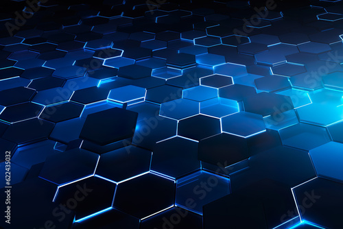 Abstract futuristic digital geometric technology hexagon background banner panorama illustration, seamless pattern - Dark blue glowing hexagonal 3d shape texture | Generative AI © Kay