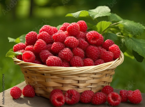 Basket of ripe raspberries on wooden table in a garden. Created with Generative AI technology.