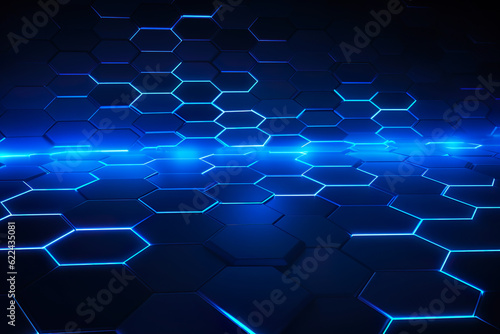 Abstract futuristic digital geometric technology hexagon background banner panorama illustration, seamless pattern - Dark blue glowing hexagonal 3d shape texture | Generative AI
