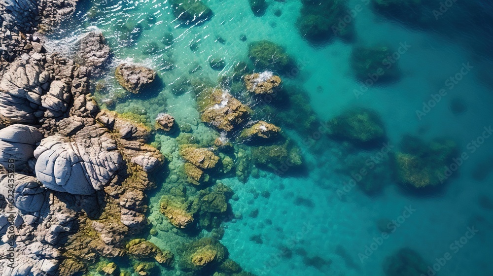 Fototapeta premium an aerial view of a rocky beach with clear blue water. generative ai