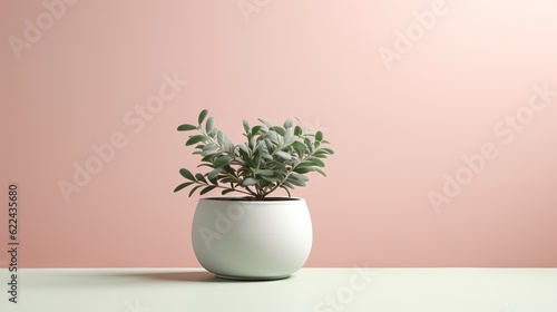  a potted plant sitting on top of a white table.  generative ai © Olga