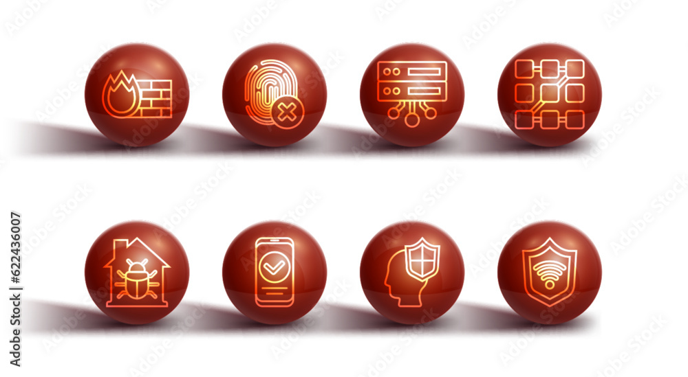 Set line Firewall, security wall, House system bug, Graphic password protection, Head with shield, Smartphone, Cancelled fingerprint, Shield WiFi wireless and Server, Data, Web Hosting icon. Vector Set line Firewall, security wall, House system bug, Graphic password protection, Head with shield, Smartphone, Cancelled fingerprint, Shield WiFi wireless and Server, Data, Web Hosting icon. Vector
