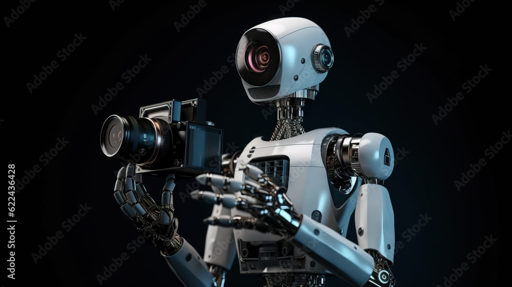 Robot, artificial intelligence, takes pictures with a camera, the concept of Photographer Day. AI generated. Robot, artificial intelligence, takes pictures with a camera, the concept of Photographer Day. AI generated.