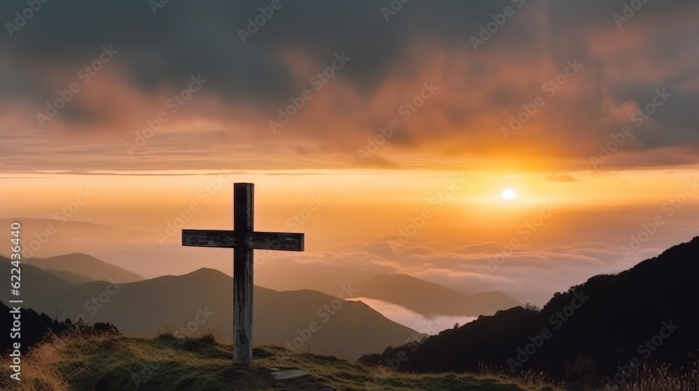 Christian religious cross on mountain, symbol of faith, night clouds background, lightning. AI generated.
