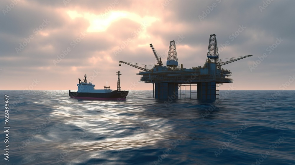 Oil rig, platform in ocean, sea. Commercial mining industry. AI ...