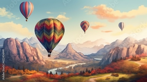 Colored balloons fly in the clouds in the sun over the mountains, hills. AI generated. © Serhii