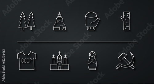 Set line Christmas tree, USSR t-shirt, Birch, Russian doll matryoshka, Church building, The Tsar bell, Hammer and sickle and mitten icon. Vector