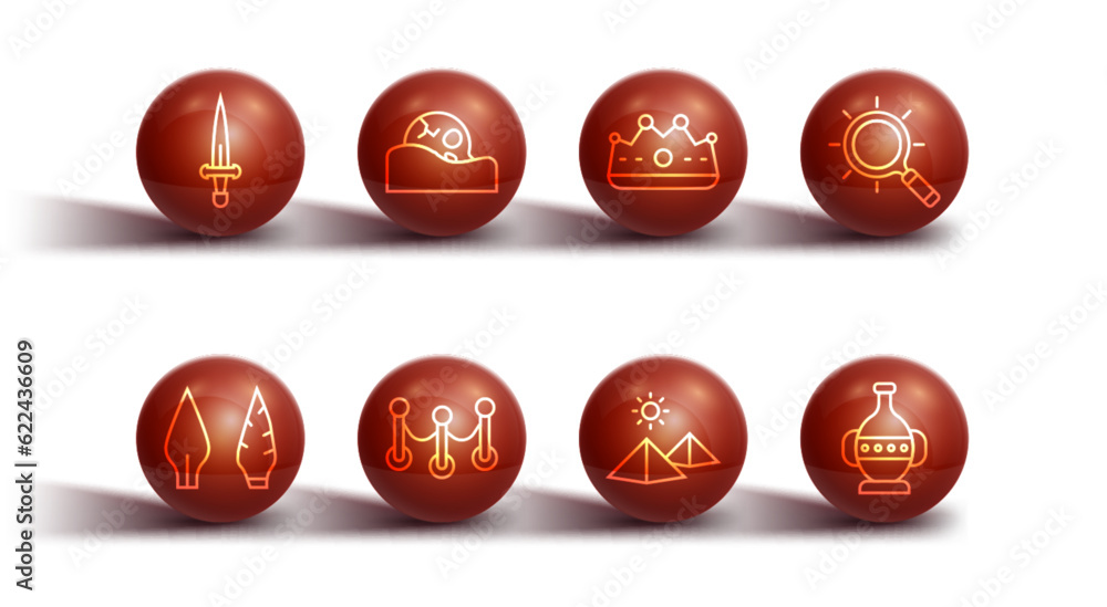 Set line Dagger, Stone age arrow head, Magnifying glass, Egypt pyramids, Rope barrier, Human skull, Ancient amphorae and King crown icon. Vector Set line Dagger, Stone age arrow head, Magnifying glass, Egypt pyramids, Rope barrier, Human skull, Ancient amphorae and King crown icon. Vector