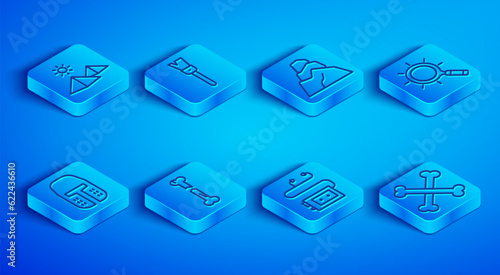 Set line Egypt pyramids, Paint brush, Rock stones, Human broken bone, Museum audio guide, Magnifying glass, Medieval iron helmet and Crossed human bones icon. Vector
