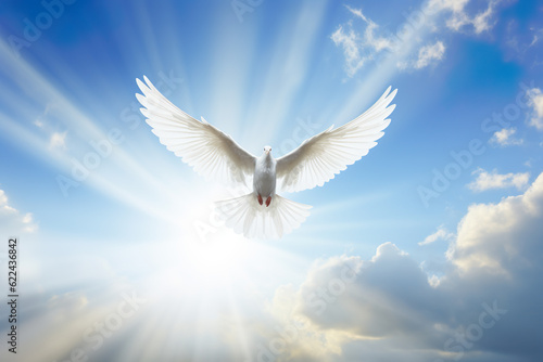 Spirit of god background banner panorama - White dove with wings wide open in the blue sky air with clouds and sunbeams | Generative AI
