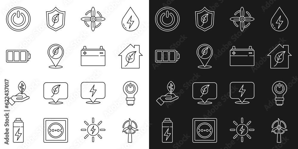Set line Wind turbine, Light bulb with lightning, Eco friendly house, Location leaf, Battery, Power button and Car battery icon. Vector Set line Wind turbine, Light bulb with lightning, Eco friendly house, Location leaf, Battery, Power button and Car battery icon. Vector
