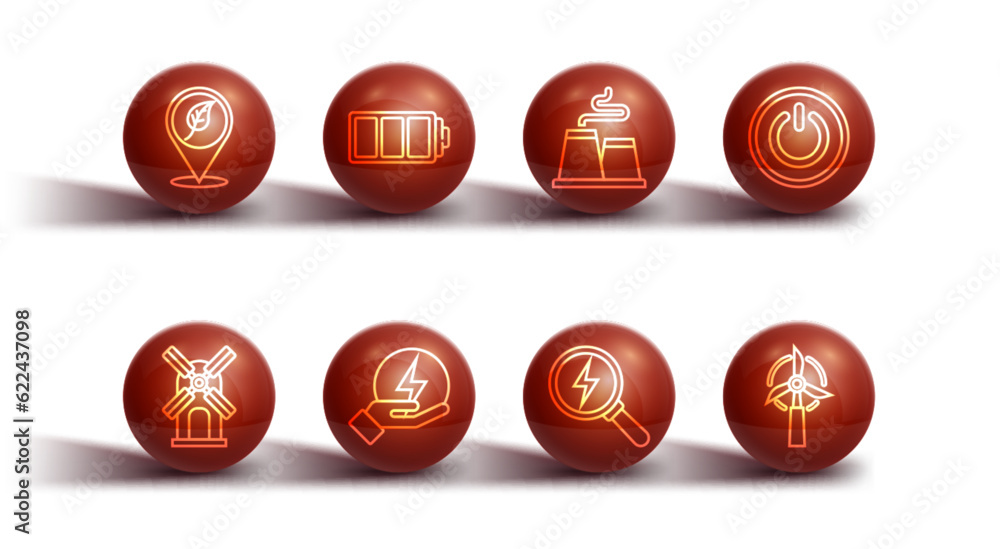 Set line Location with leaf, Wind turbine, Power button, Lightning bolt, Battery, and Factory icon. Vector Set line Location with leaf, Wind turbine, Power button, Lightning bolt, Battery, and Factory icon. Vector