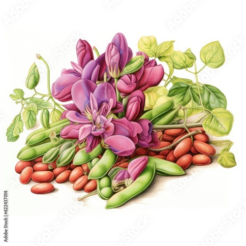 A pile of Lima Beans and their flowers and leaves. Generative AI