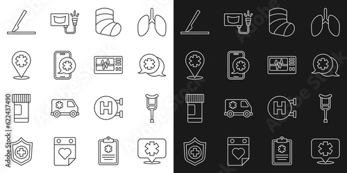 Set line Medical symbol of the Emergency, Crutch or crutches, Dialogue with doctor, Gypsum, phone call, Location cross hospital, surgery scalpel and Monitor cardiogram icon. Vector