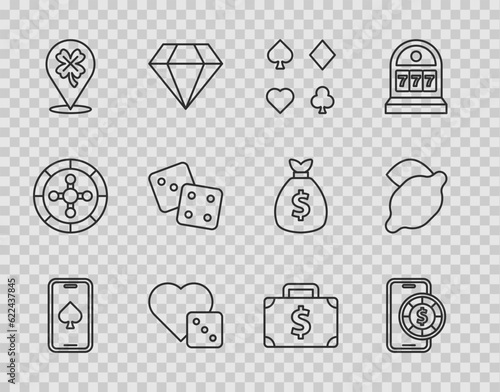 Set line Online poker table game, Deck of playing cards, Game dice, Casino slot machine with clover, Briefcase and money and lemon icon. Vector