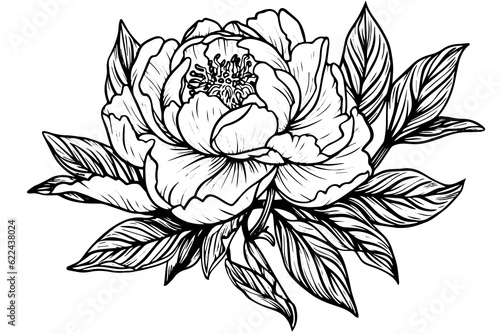 Peony flower and leaves drawing. Vector hand drawn engraved ink illustration