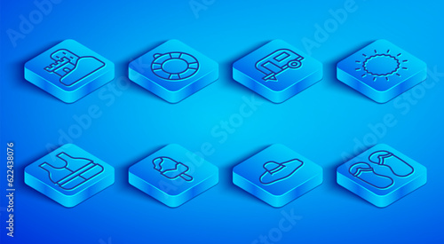 Set line Sand castle, Lifebuoy, Rv Camping trailer, Ice cream, Elegant women hat, Sun, jacket and Flip flops icon. Vector