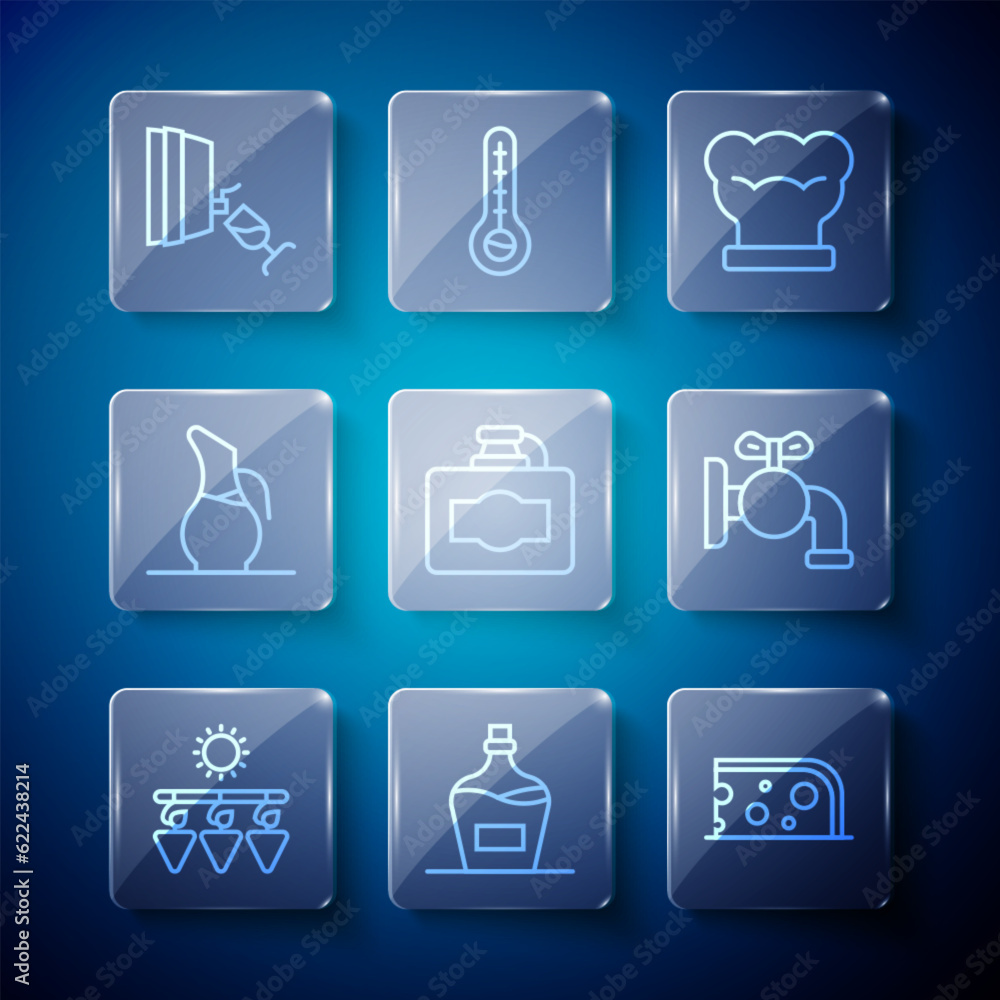 Set line Drying grapes, Old bottle of wine, Cheese, Chef hat, Cardboard box, Decanter for, Wine tasting, degustation and Tap barrel icon. Vector Set line Drying grapes, Old bottle of wine, Cheese, Chef hat, Cardboard box, Decanter for, Wine tasting, degustation and Tap barrel icon. Vector