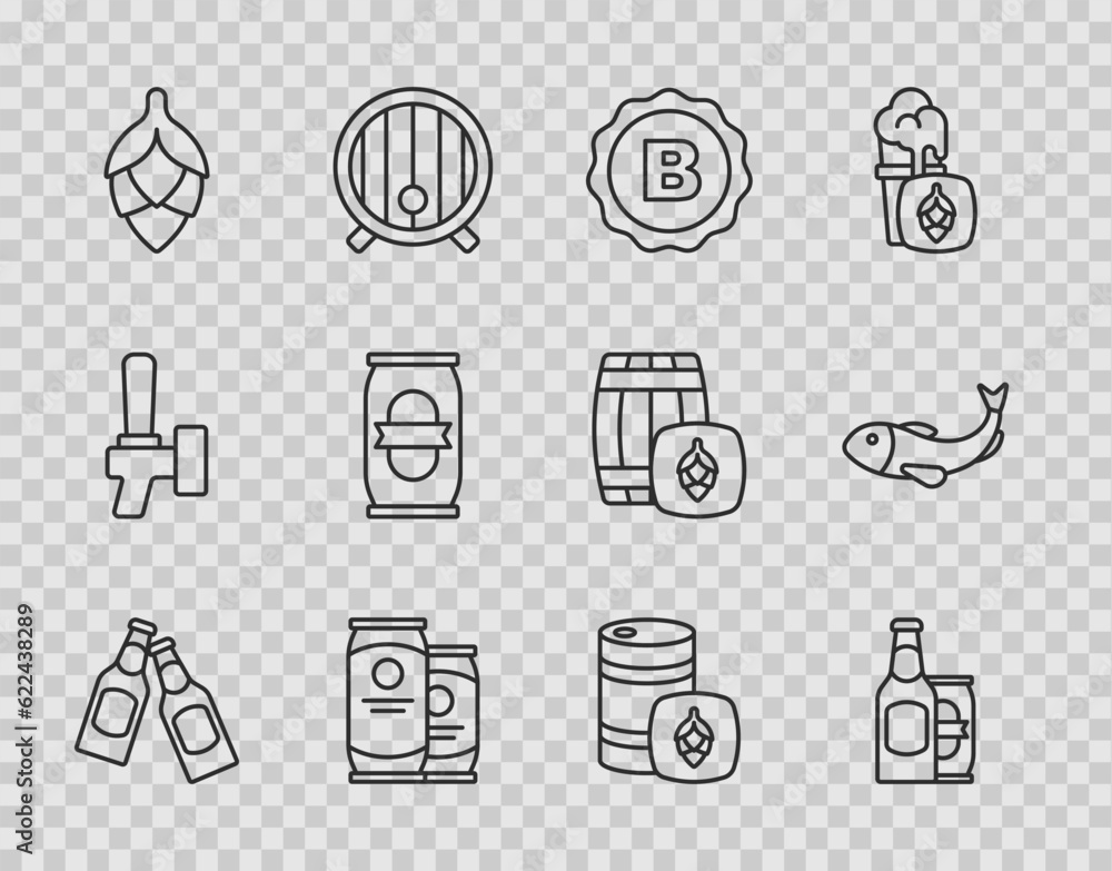 Set line Beer bottle, and beer can, Bottle cap with, Hop, Metal keg and Dried fish icon. Vector Set line Beer bottle, and beer can, Bottle cap with, Hop, Metal keg and Dried fish icon. Vector