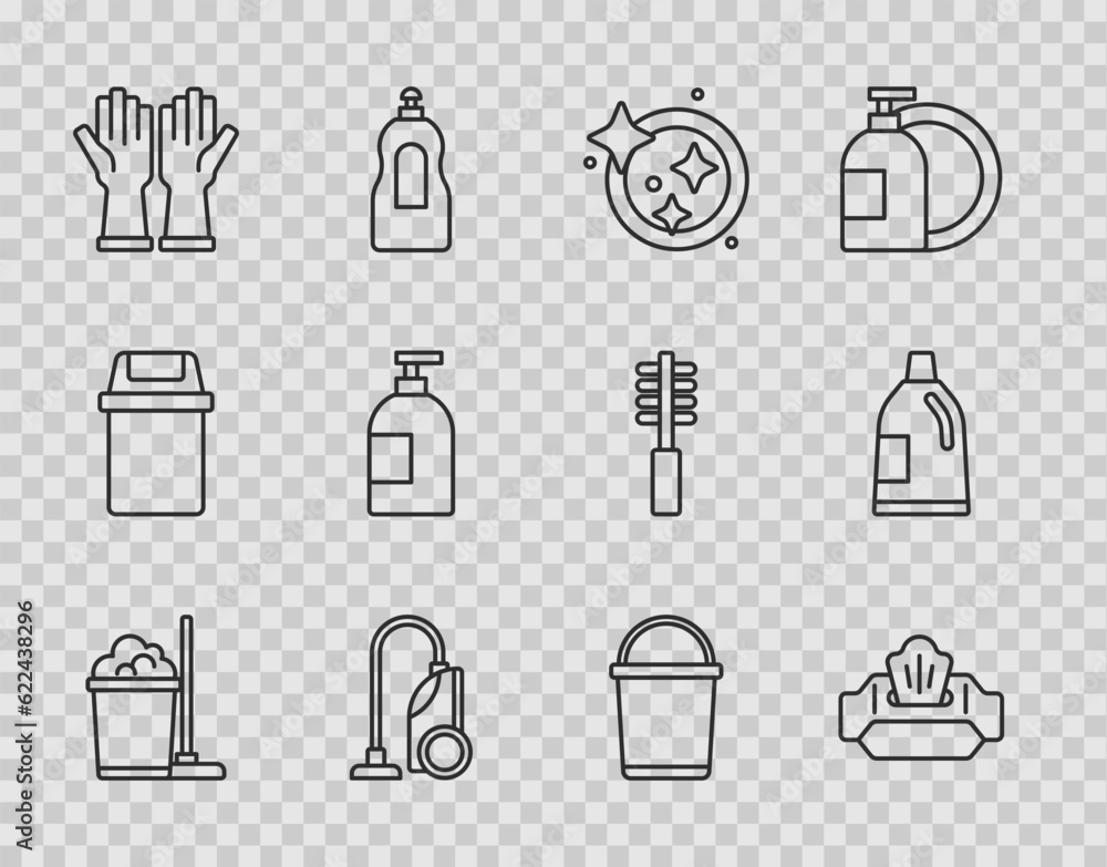 Set line Mop and bucket, Wet wipe pack, Washing dishes, Vacuum cleaner, Rubber gloves, Dishwashing liquid bottle, Bucket and Bottle for cleaning agent icon. Vector - obrazy, fototapety, plakaty 