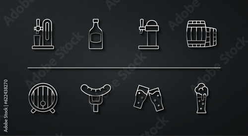 Set line Beer tap with glass, Wooden barrel, Glass of beer, Sausage on the fork, bottle, and Dispenser icon. Vector