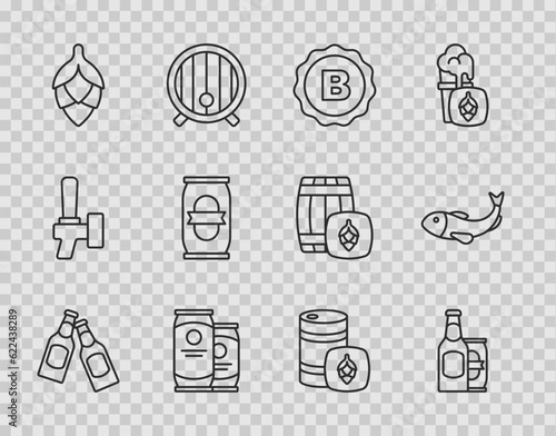 Set line Beer bottle, and beer can, Bottle cap with, Hop, Metal keg and Dried fish icon. Vector