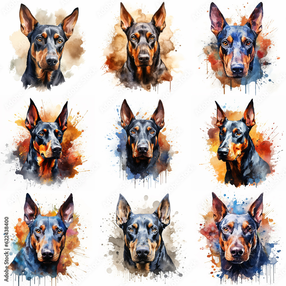 Set of dogs breed Doberman Pinscher painted in watercolor on a white background in a realistic manner. Ideal for teaching materials, books and designs, postcards, posters.