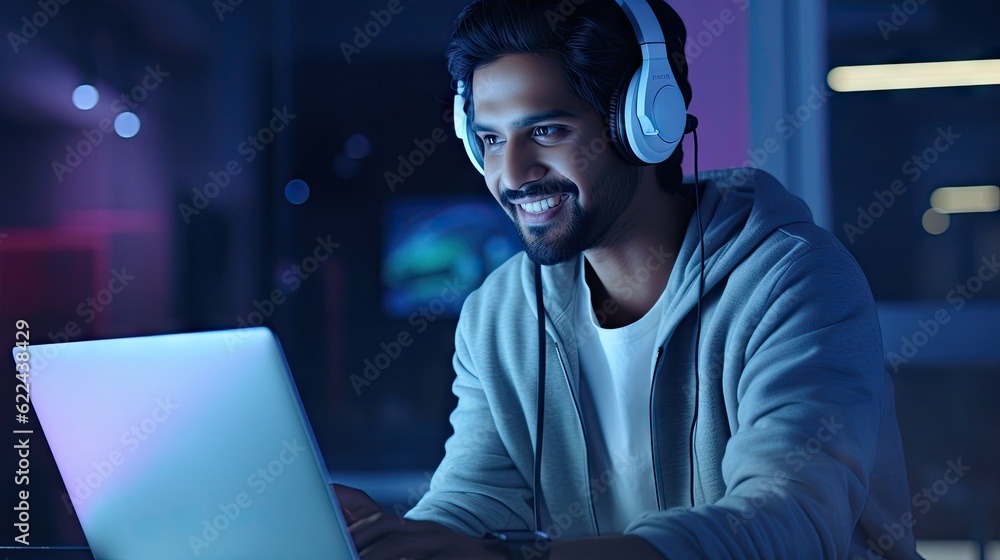 excited and futuristic young Indian man working on laptop with headphone generative ai