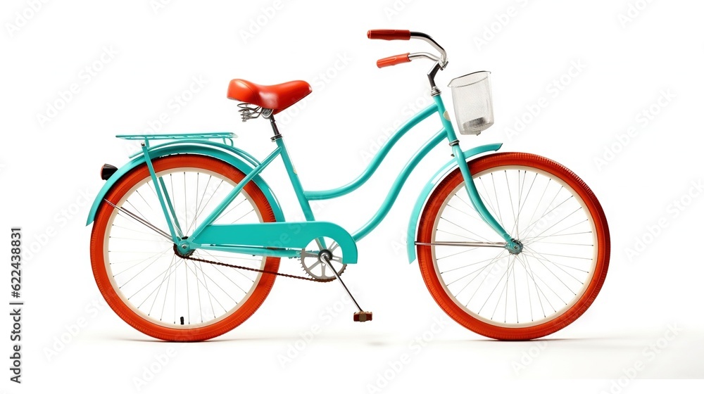 a blue and orange bike with a basket and seat on a white background. generative ai a blue and orange bike with a basket and seat on a white background. generative ai