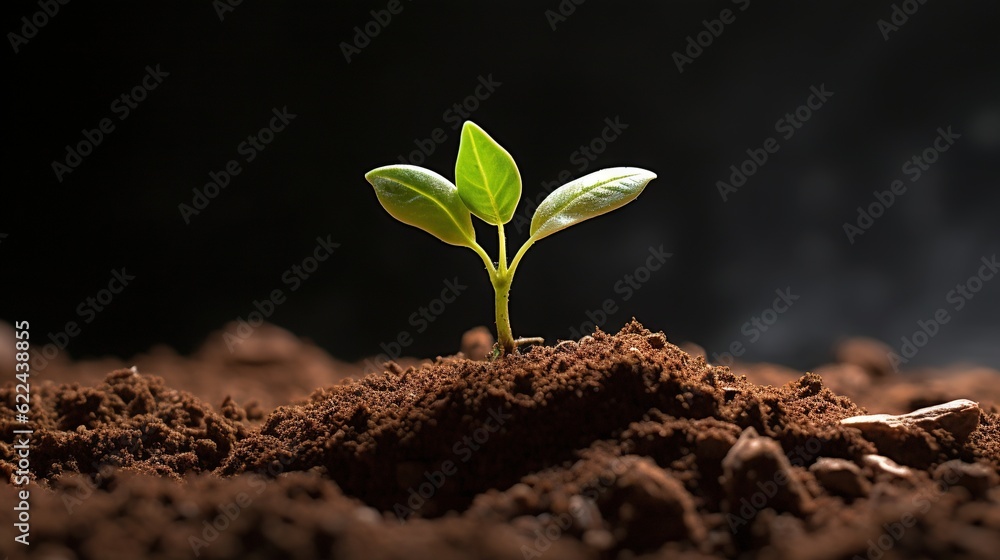 a young plant sprouts from the ground in the dark. generative ai a young plant sprouts from the ground in the dark. generative ai