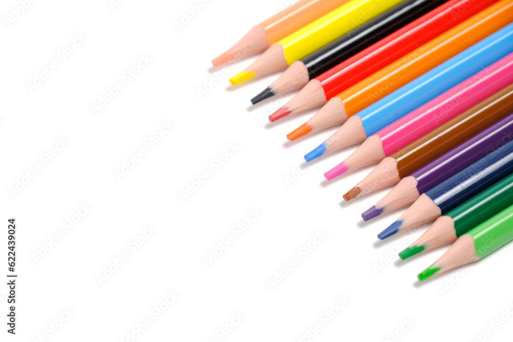 Set of colored pencils of twelve colors white background.