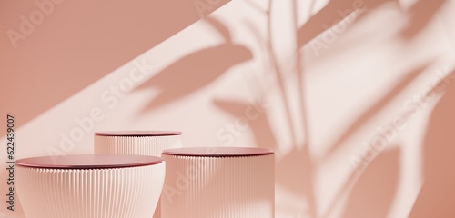 Tableau sur toile Pink empty podium or pedestal for product presentation on three floors, showcase for product