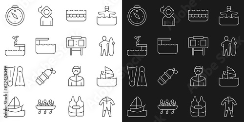 Set line Wetsuit for scuba diving, Windsurfing, Surfboard, Swimming pool, Diving springboard, Swimmer into, Compass and Sport mechanical scoreboard icon. Vector