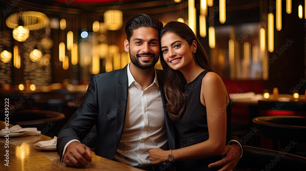  Indian couple in restaurant for date generative ai