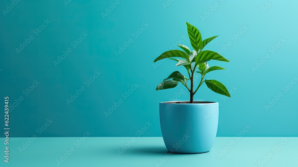  a small plant in a blue pot on a table against a blue background.  generative ai
