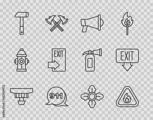 Set line Smoke alarm system, Fire flame in triangle, Megaphone, Emergency call 911, Hammer, exit, Firefighter and icon. Vector