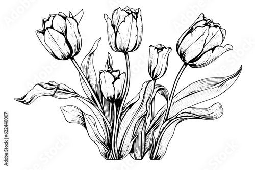 Hand drawn art of tulips branches. Flower isolated on white background. Vintage vector illustration